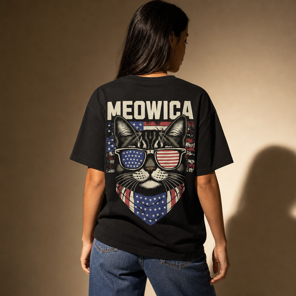 Unisex Meowica Cat Oversized Graphic Tee – USA Flag